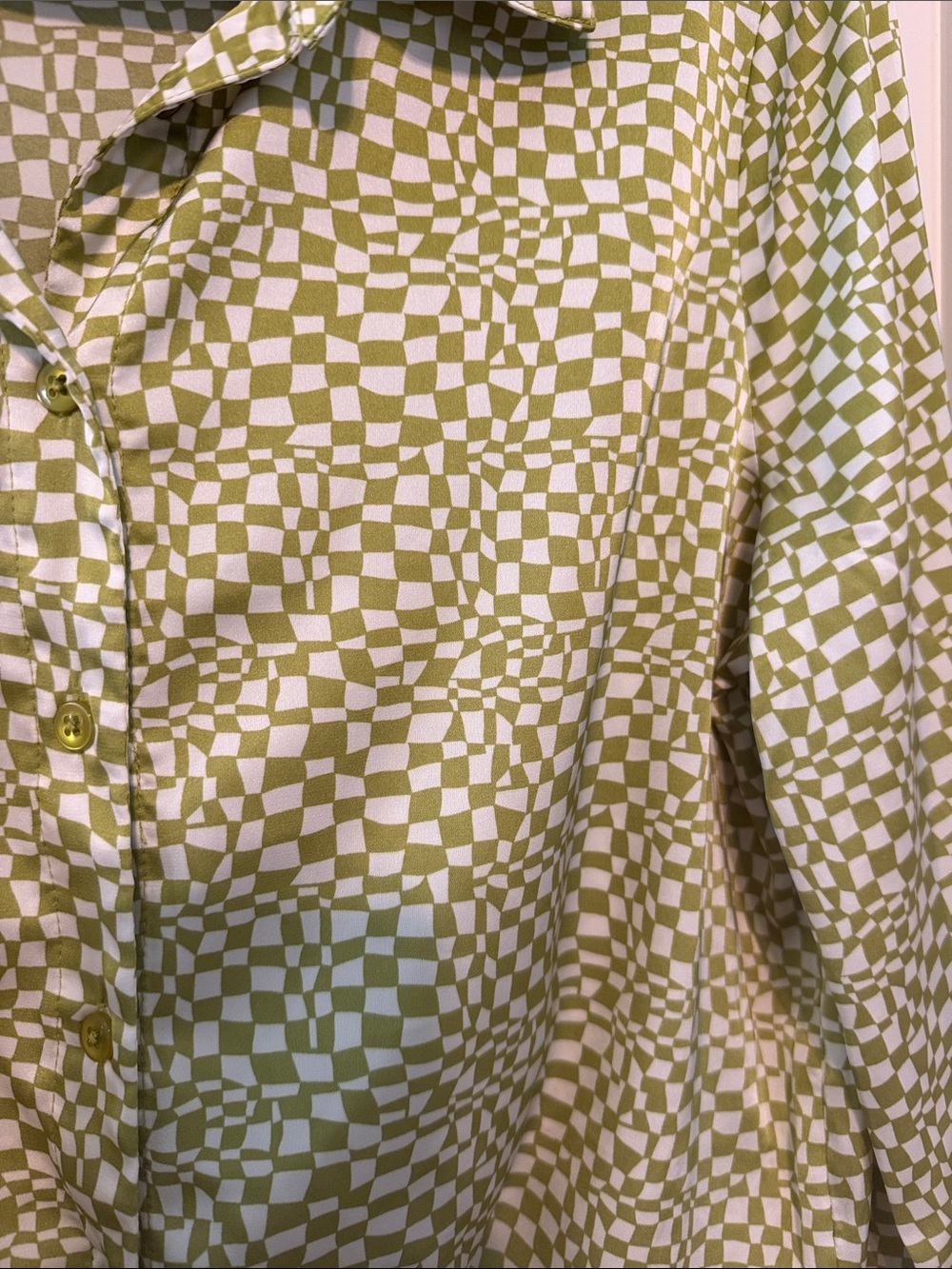 Maison D’Amelie Tie-Front Checker 70s Vibe Button-Down Shirt - Olive Green Size - Picture 12 of 14